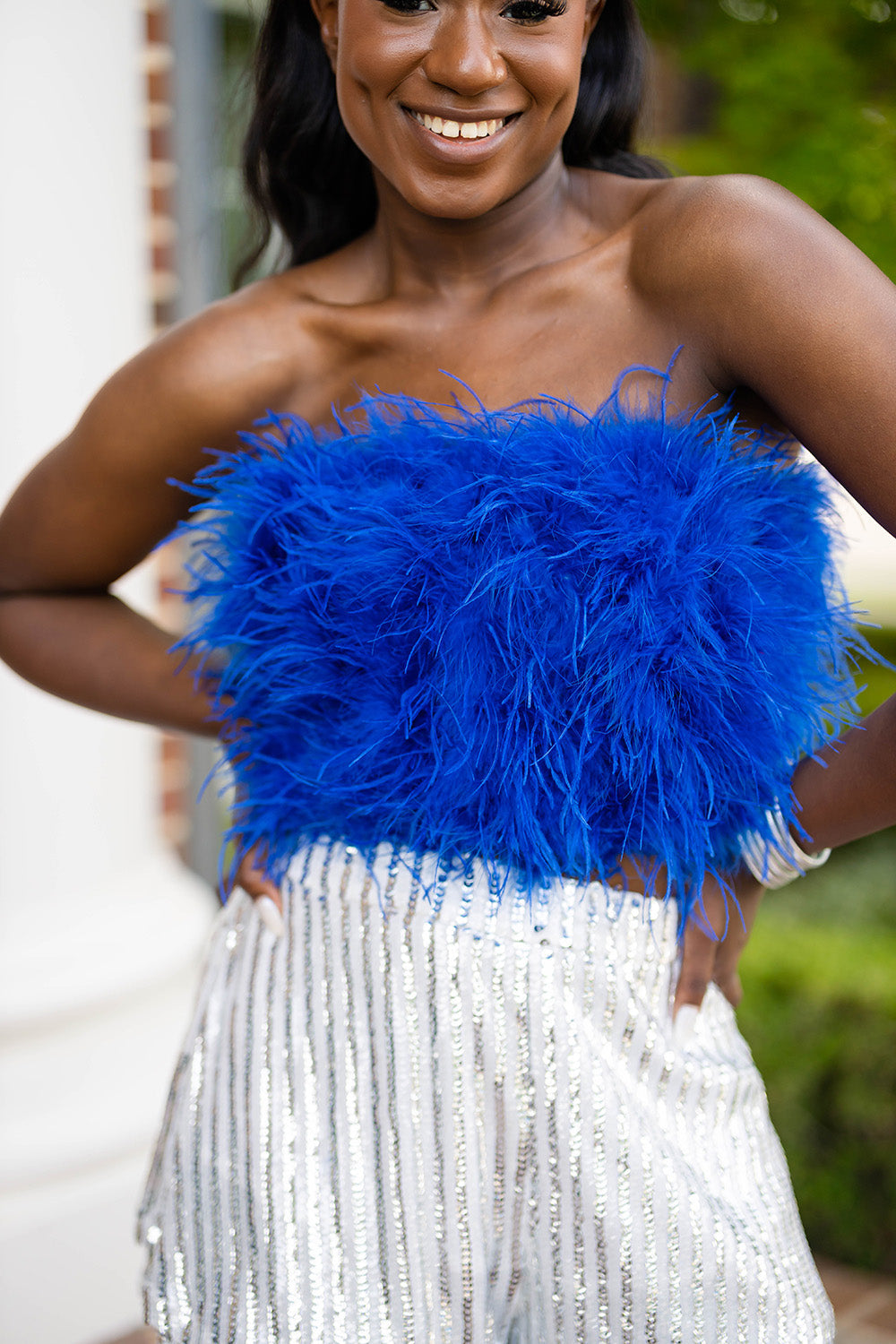 Fancy Strapless Feather Crop Top - Royal Blue