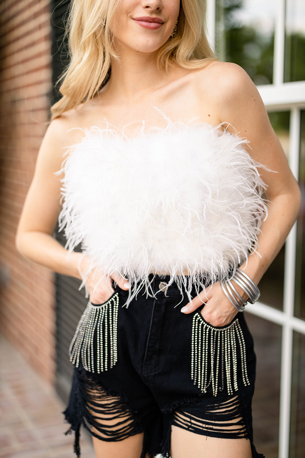 Fancy Strapless Feather Crop Top - White