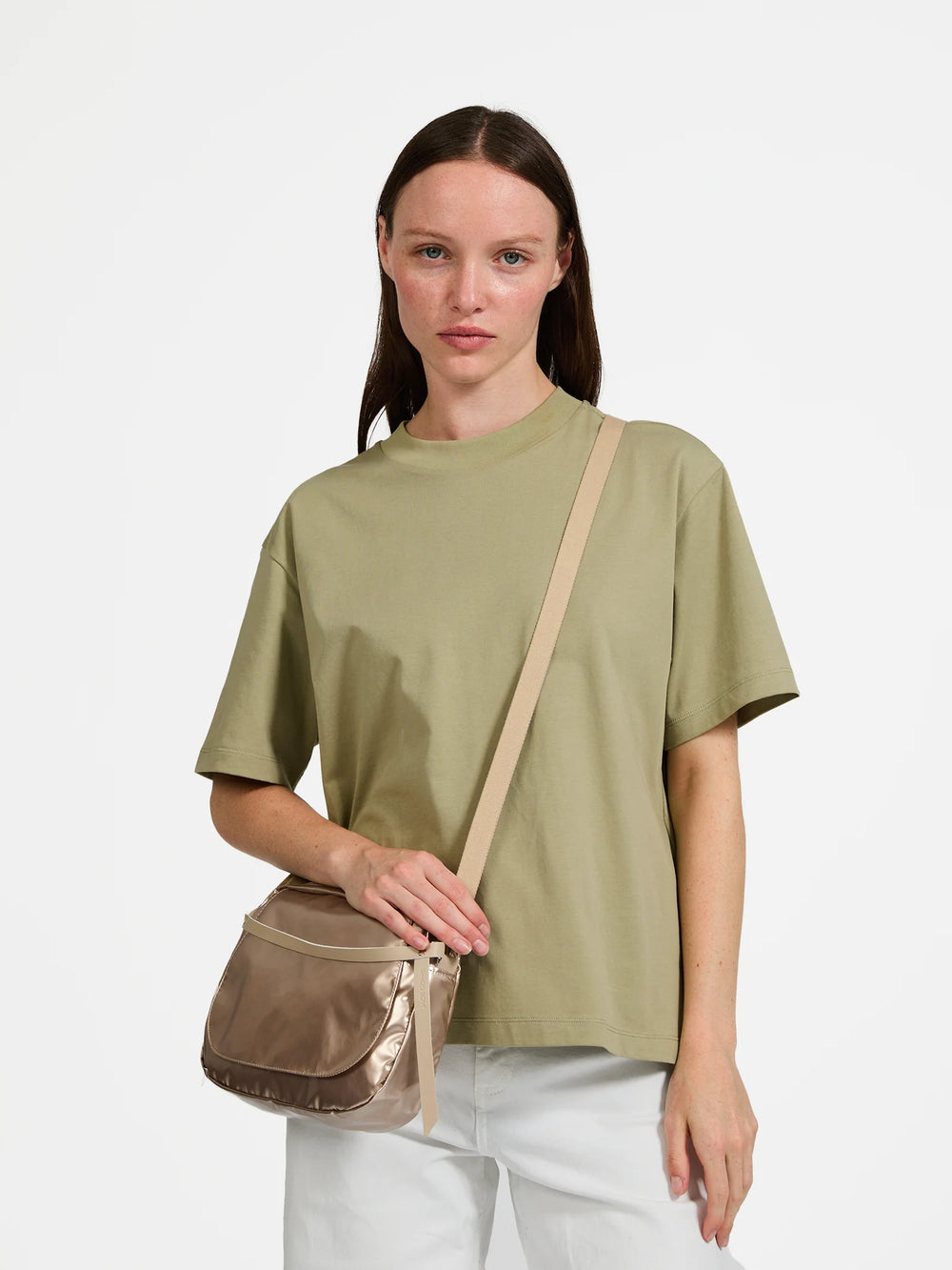 Jack Gomme Happy Shoulder Bag in Shiny Nacre with Beige Strap available at Barbara Katz