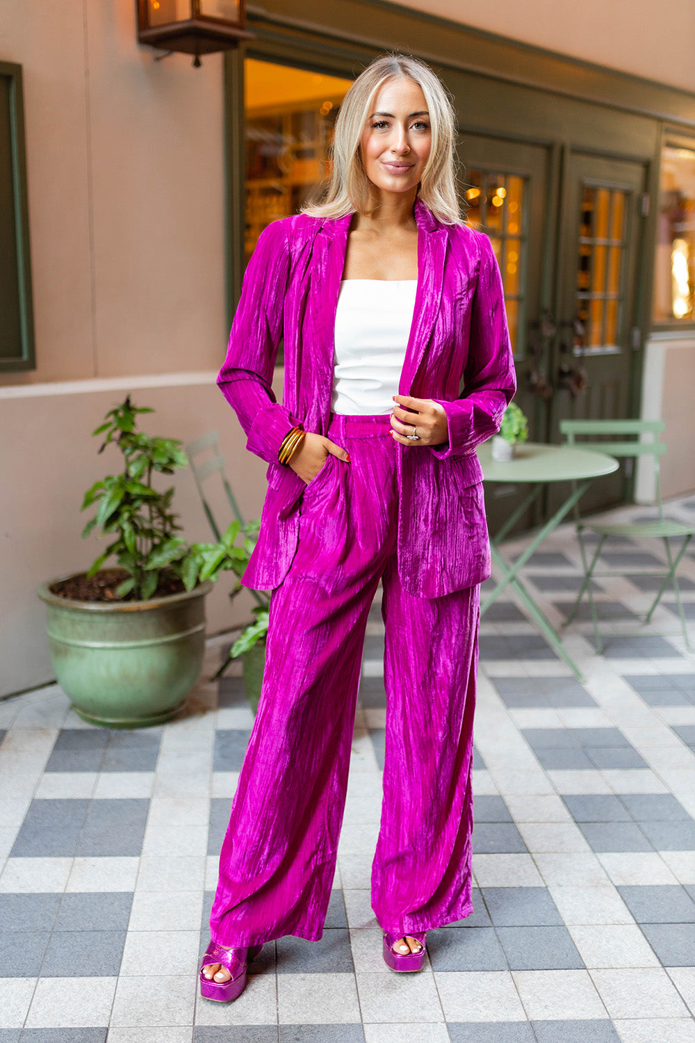 BuddyLove Sondra High-Waisted Velvet Pants in Fuchsia available at Barbara Katz