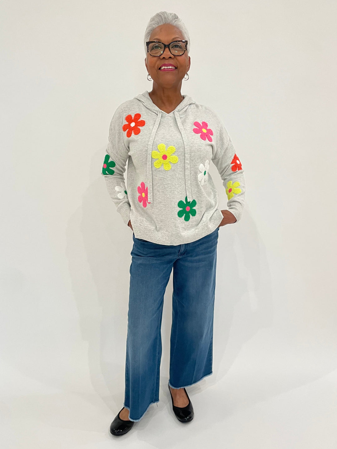 J Society Valerie Daisy Hoodie in Silver paired with MAC Denim Dream Wide Crop Wonder Jeans, Gabor Black Cap Toe Ballet Shoes, Lizzie Fortunato Organic Hoops in Clear/Silver available at Barbara Katz