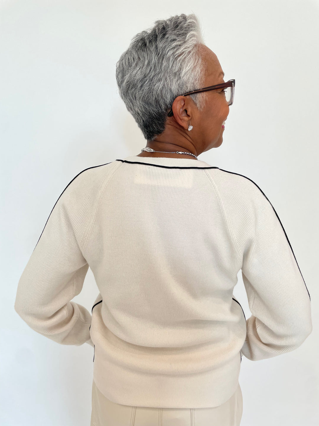 Oui Off White Sweater with Contrast Piping available at Barbara Katz