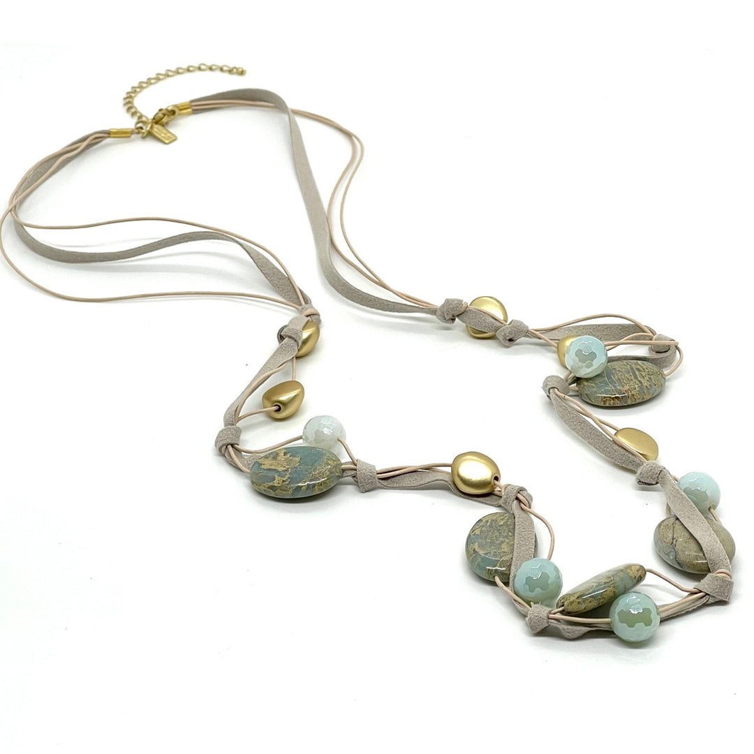 Deborah Grivas Blue Aqua Terra and Aqua Glazed Agate Matte Gold Natural Suede Layer Necklace