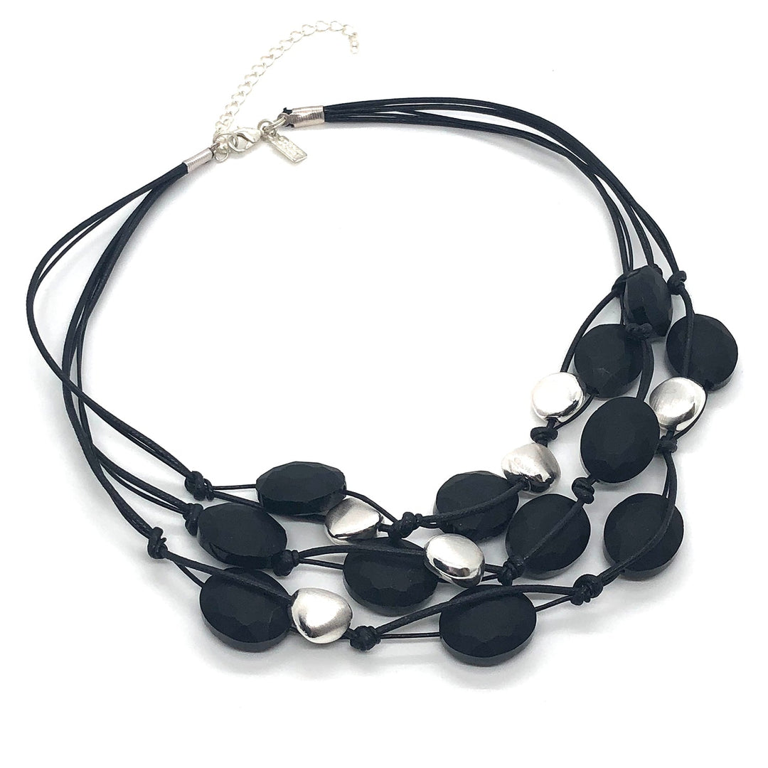 Deborah Grivas Matte Black Oval Crystal And Matte Silver Bead Black Leather And Linen 3 Strand Torsade Style Necklace