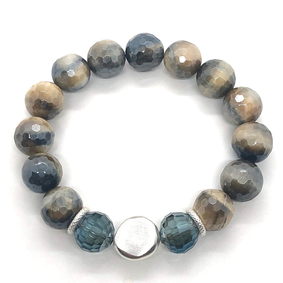 Deborah Grivas Labradorite Blue And Cream Glazed Agate With Labradorite Crystal Stretch Matte Silver Nugget Stretch Bracelet