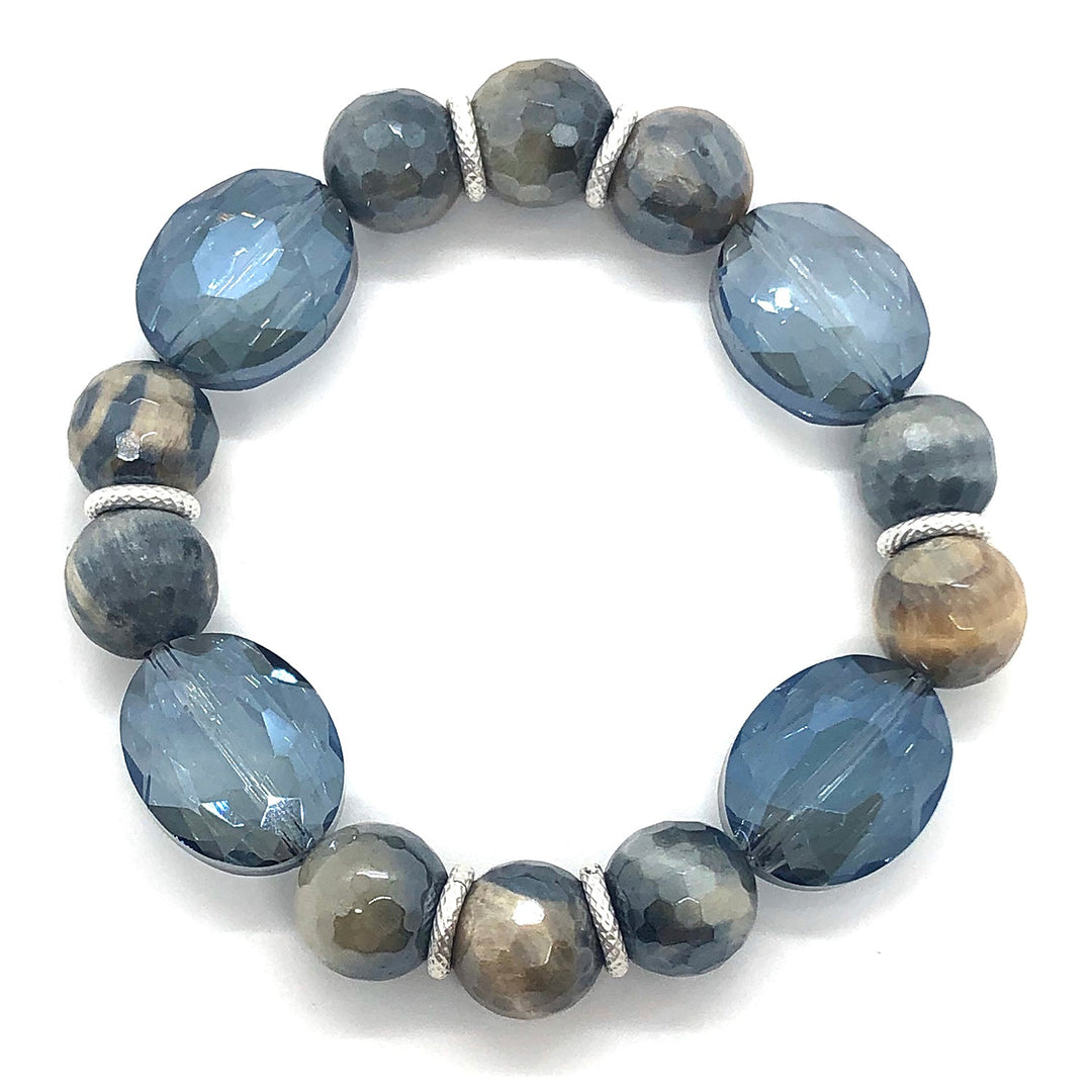 Deborah Grivas Labradorite Blue And Cream Glazed Agate,Labradorite Oval Crystal And With Matte Silver Roundels Stretch Bracelet