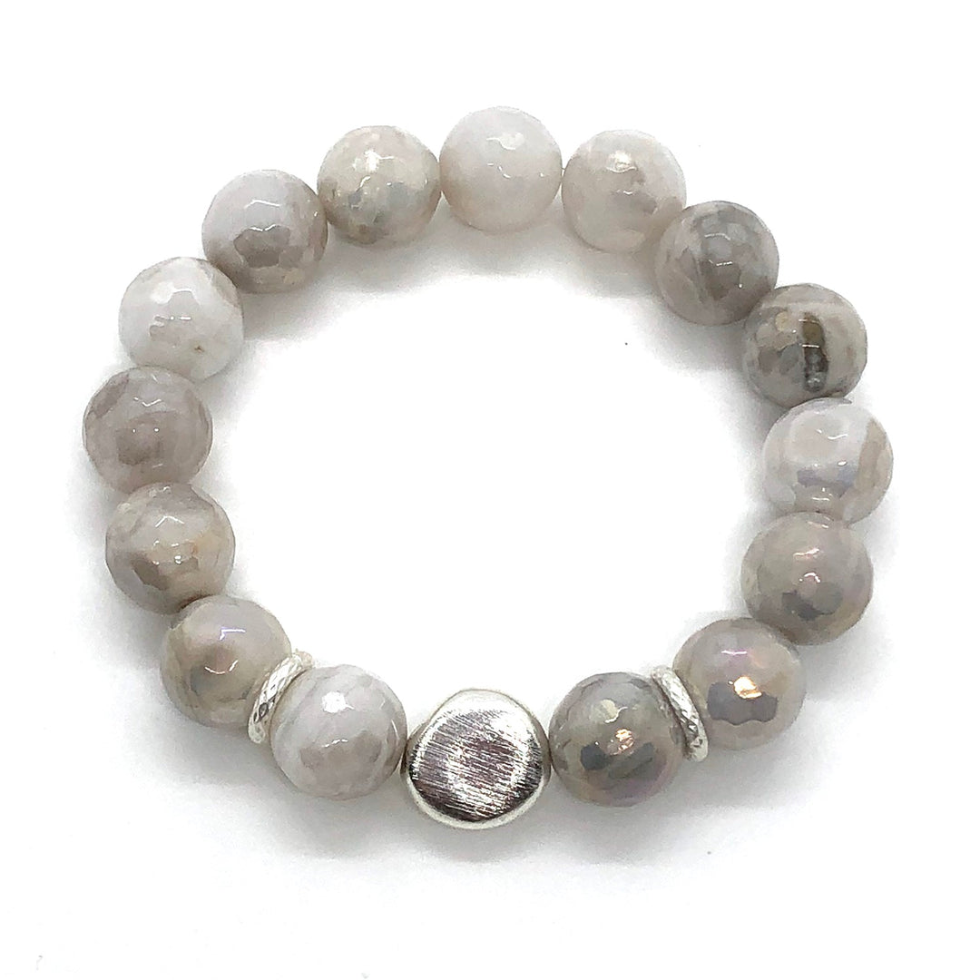 Deborah Grivas Gray Snowflake Glazed Agate With Matte Silver Bead Stretch Bracelet