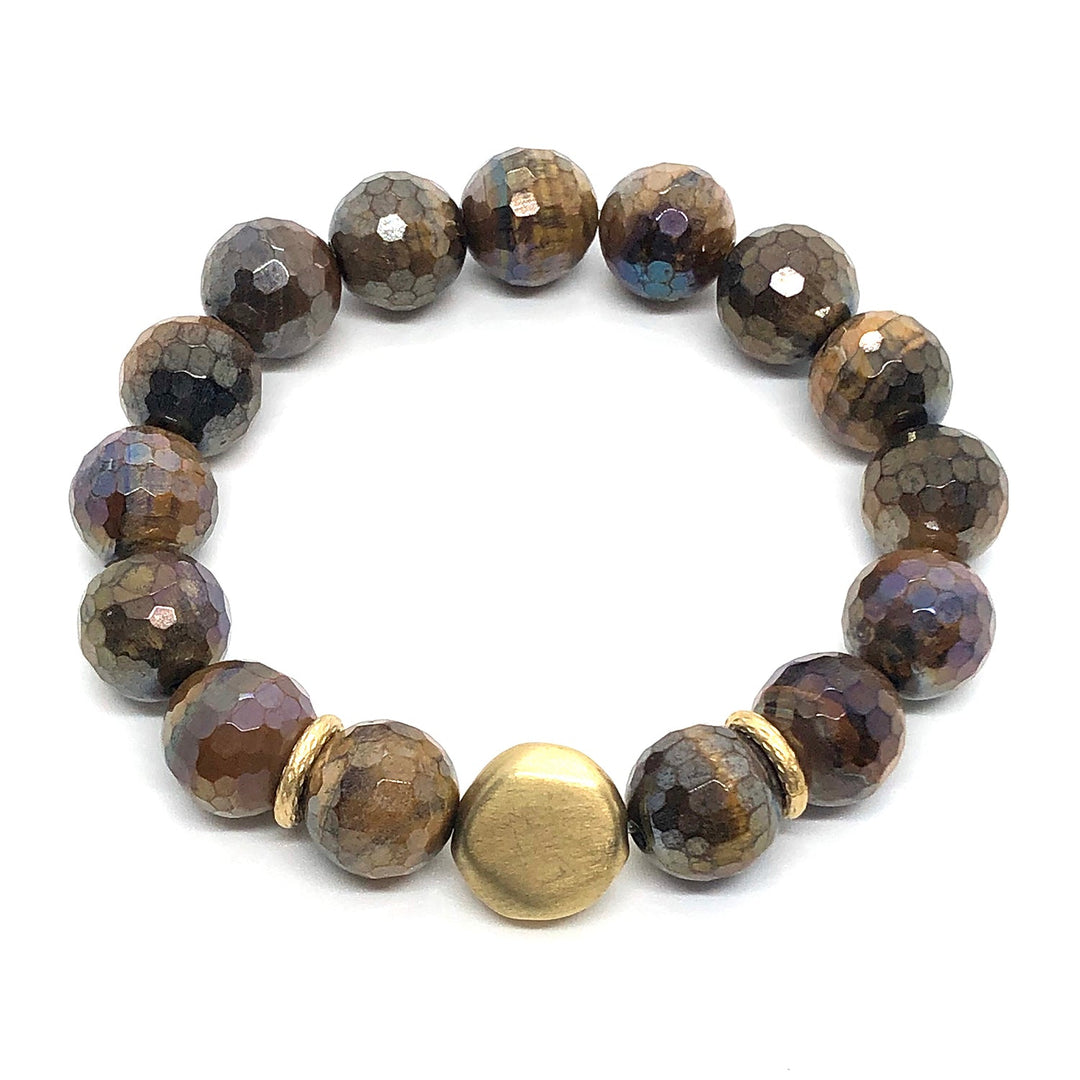 Deborah Grivas Brown Glazed Tiger Eye Matte Gold Nugget Stretch Bracelet