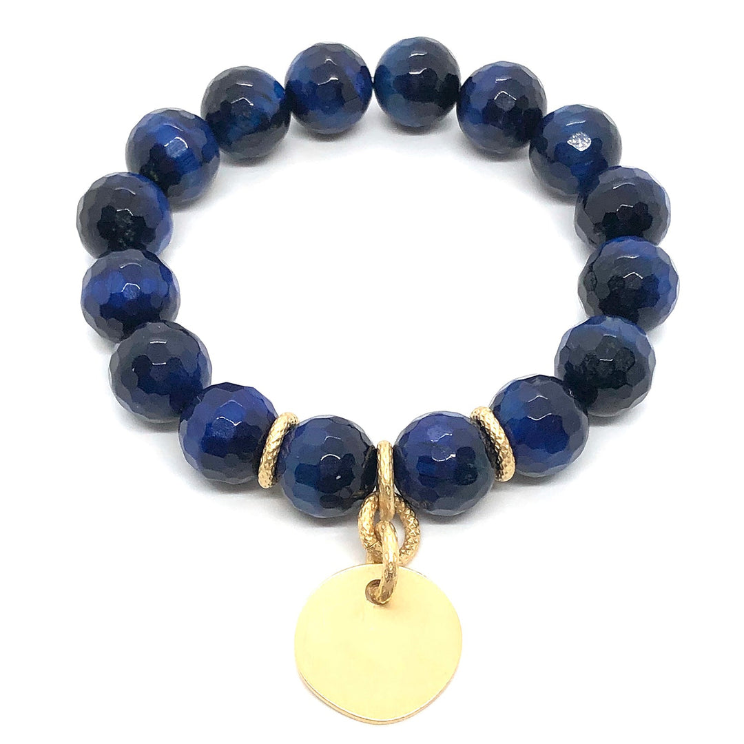 Deborah Grivas Blue Tiger Eye Matte Gold Charm Stretch Bracelet