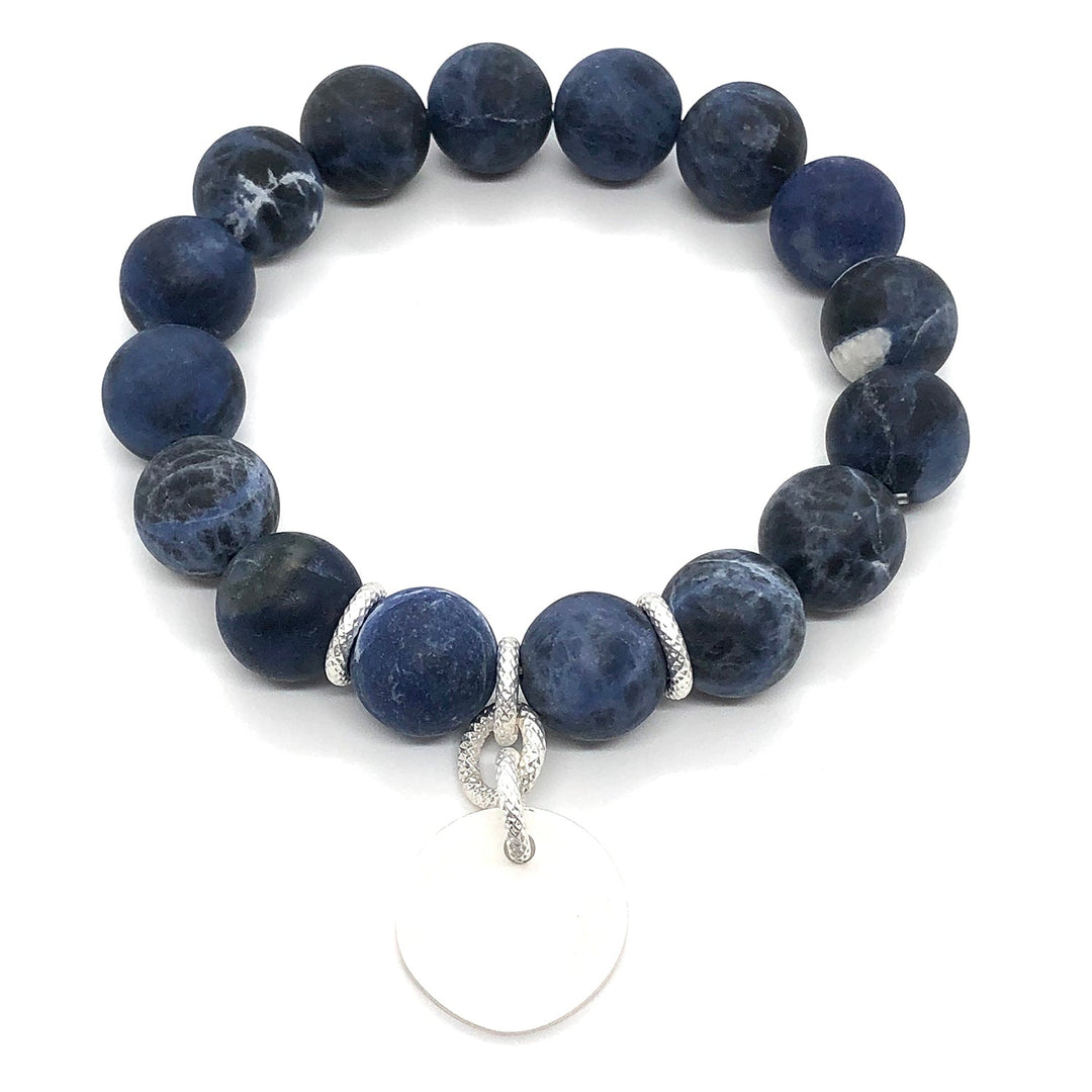 Deborah Grivas Blue Sodalite Matte Silver Charm Stretch Bracelet