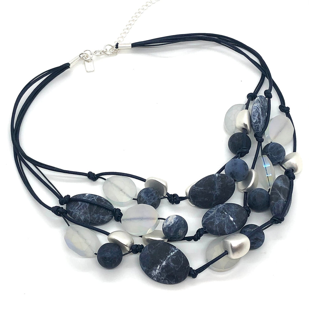 Deborah Grivas Blue Sodalite With Matte White Oval Crystal And Matte Silver Beads Navy Leather And Linen 3 Strand Torsade Style Necklace