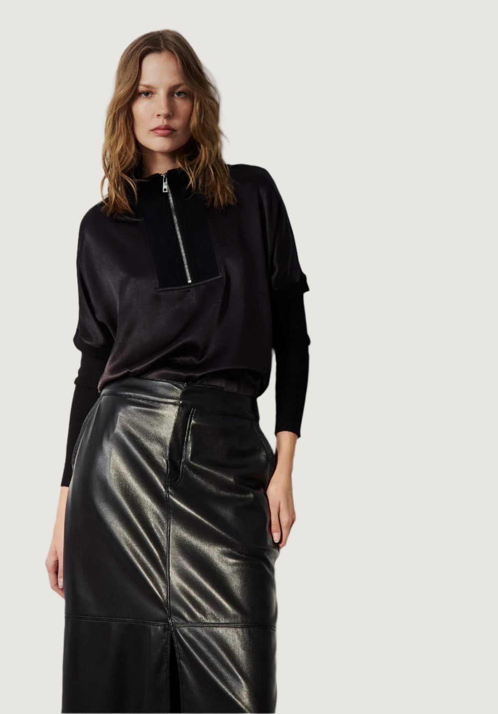 Melissa Nepton Irene Combo Sleeve Satin Top in Black available at Barbara Katz