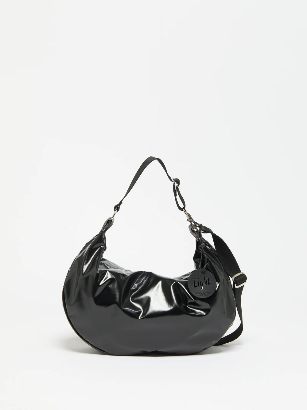 Jack Gomme Charlie Half Moon Shoulder Bag in Shiny Noir available at Barbara Katz