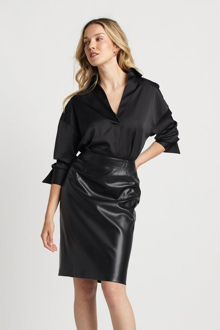 Adroit Atelier Kay Popover Satin Blouse With Long Cuffs - Black available at Barbara Katz