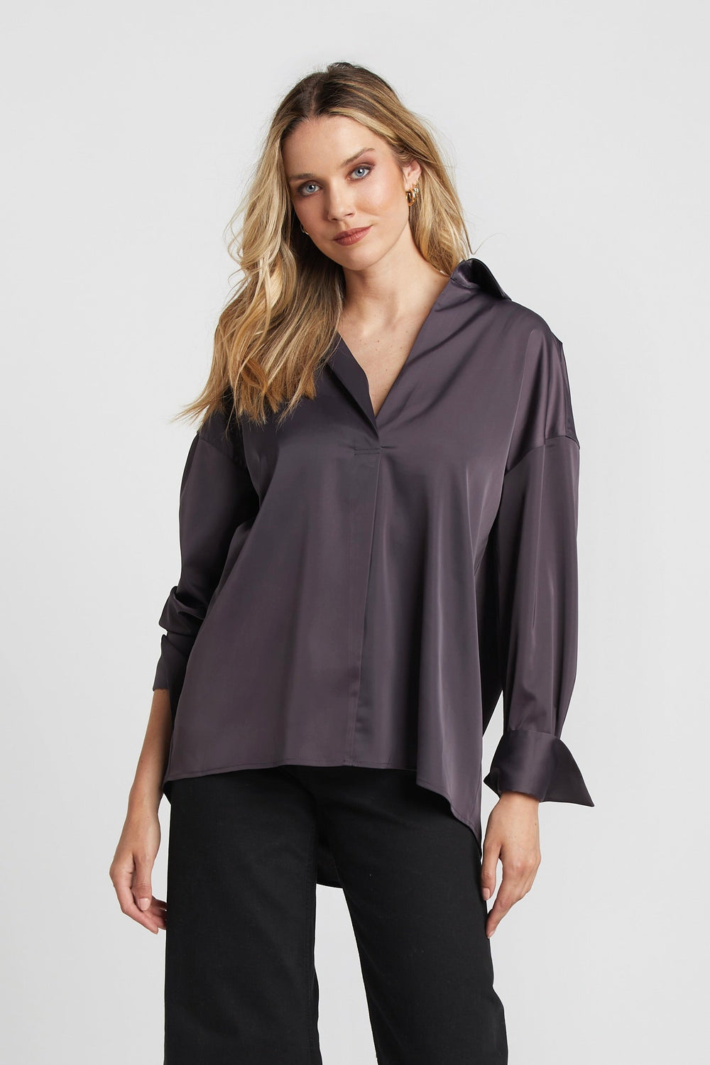 Adroit Atelier Kay Popover Satin Blouse With Long Cuffs - Mulberry available at Barbara Katz