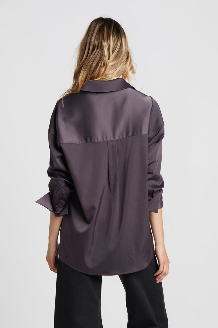 Adroit Atelier Kay Popover Satin Blouse With Long Cuffs - Mulberry available at Barbara Katz