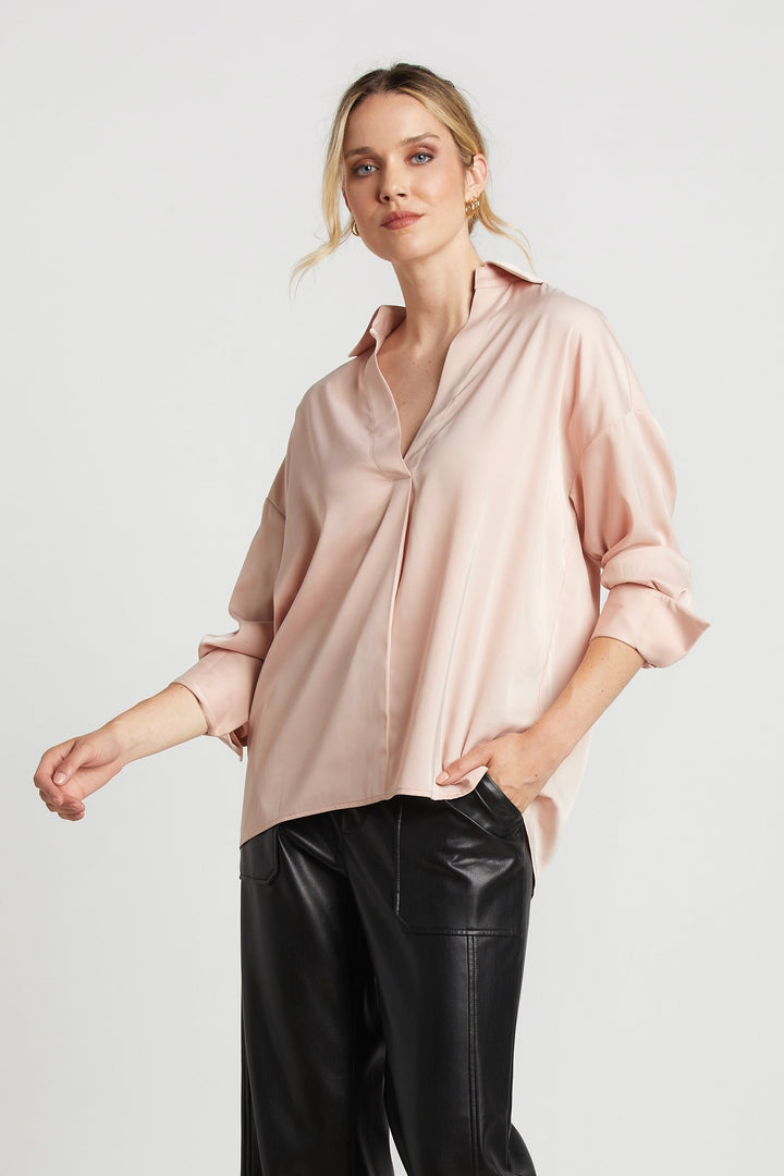 Adroit Atelier Kay Popover Satin Blouse With Long Cuffs - Rose available at Barbara Katz