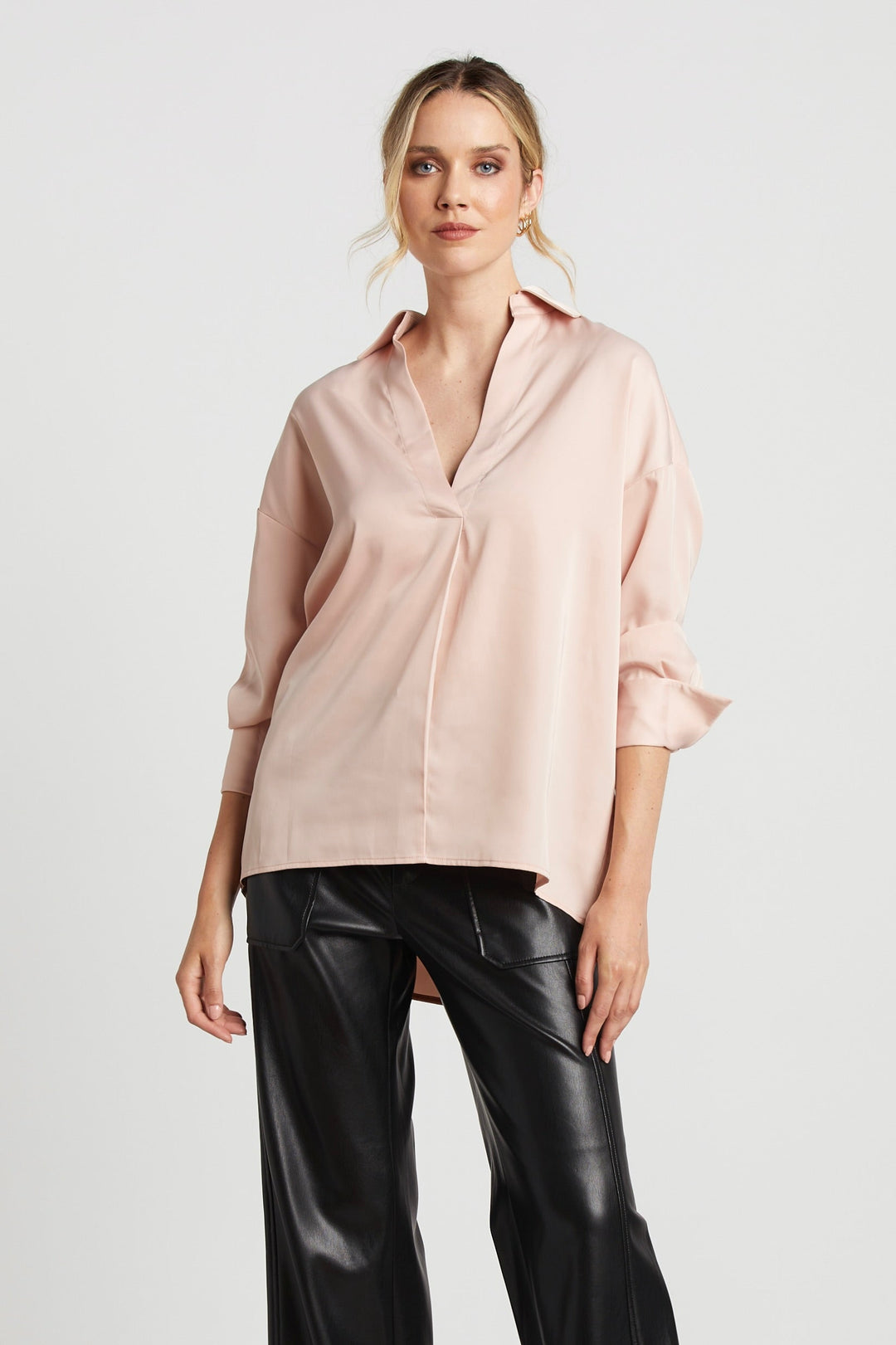 Adroit Atelier Kay Popover Satin Blouse With Long Cuffs - Rose available at Barbara Katz