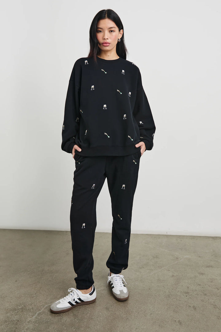 Rails Kingston Pants in Black Champagne Embroidery paired with matching  The Varsity Sweatshirt available at Barbara Katz