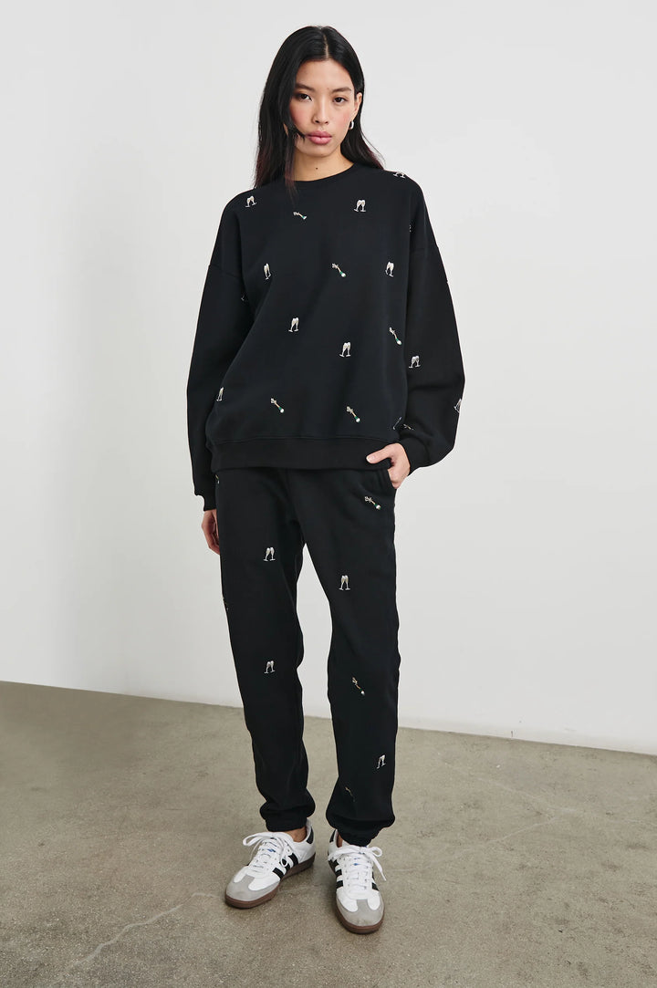 Rails Kingston Pants in Black Champagne Embroidery paired with matching  The Varsity Sweatshirt available at Barbara Katz