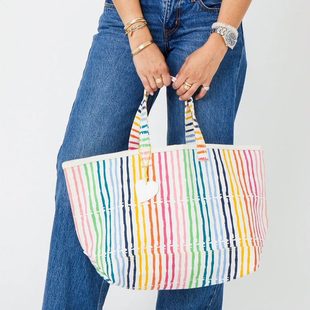 Kerri Rosenthal KR Beach Stripes Tote, 100% cotton canvas tote bag with printed artwork, inside pocket, KR yellow tab on side seam, white leather KR Imperfect Heart charm