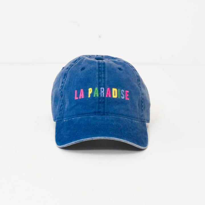 Kerri Rosenthal KR La Paradise Hat in Wash Indigo, 100% cotton denim baseball cap with embroidered details and adjustable back strap