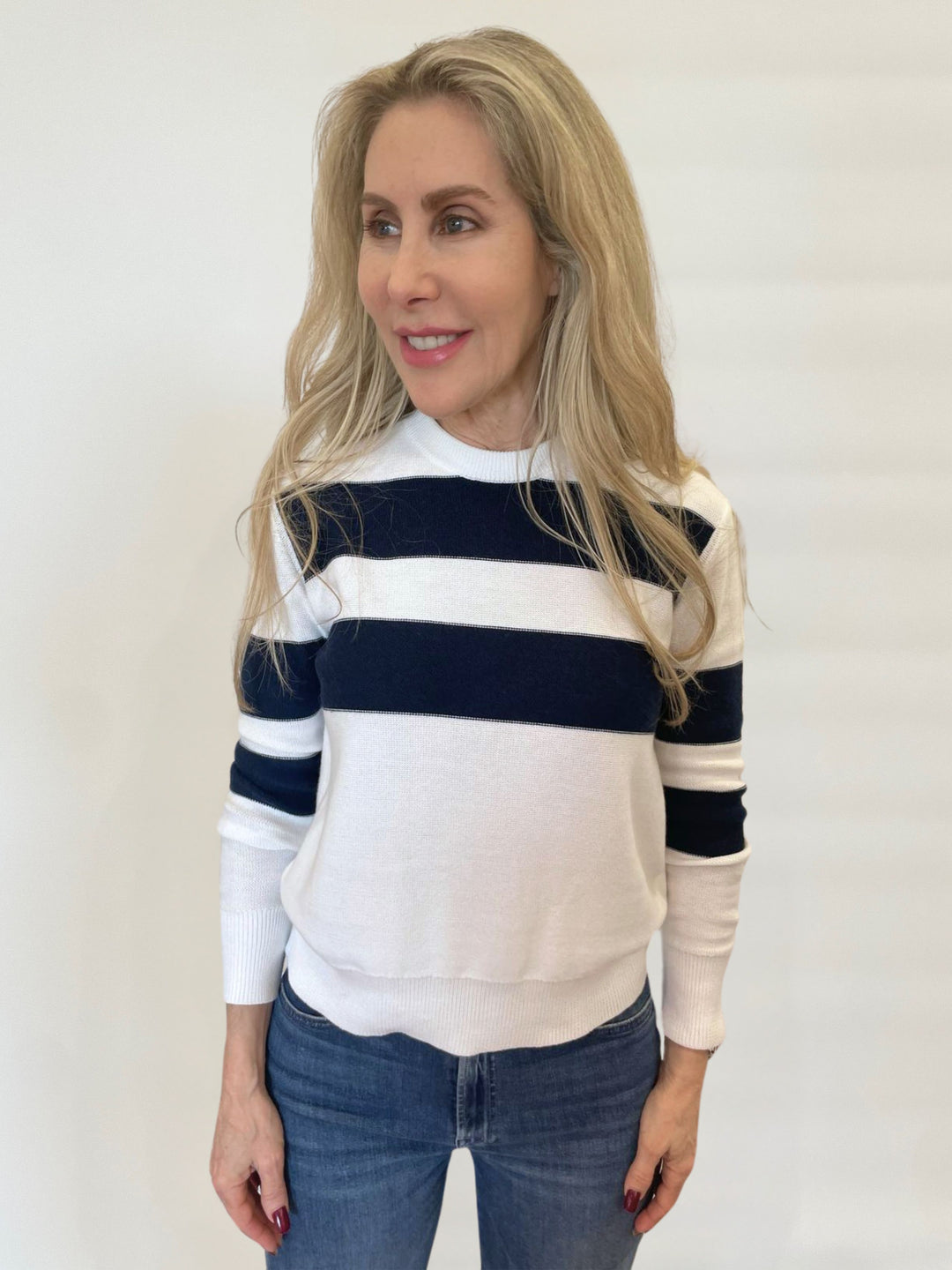 Kinross Crop Stripe Crew Sweater in White/Navy available at Barbara Katz