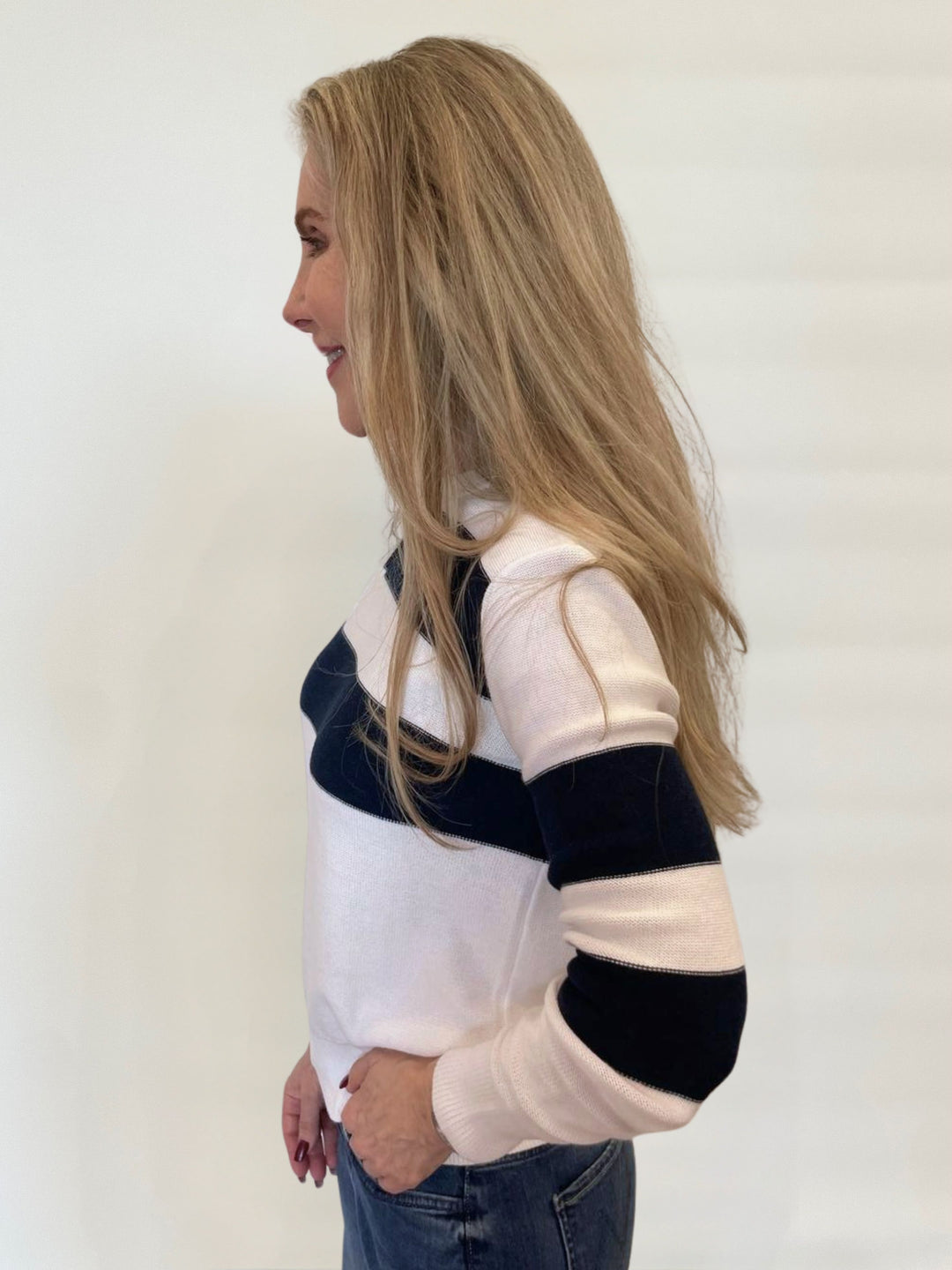 Kinross Lumi Crop Stripe Long Sleeve Sweater in White/Navy available at Barbara Katz