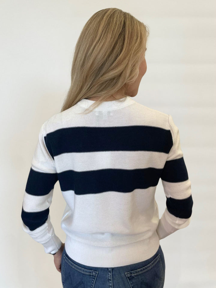 Kinross Lumi Crop Stripe Crew Sweater in White/Navy available at Barbara Katz