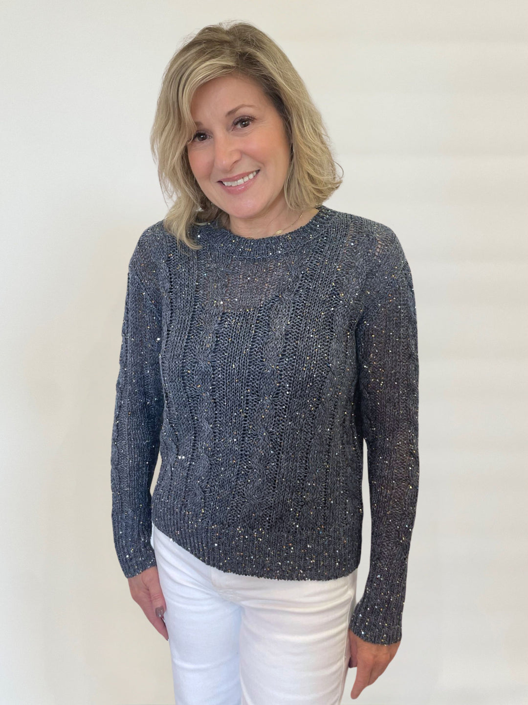 Kinross Sequin Cable Crew Sweater in Navy available at Barbara Katz