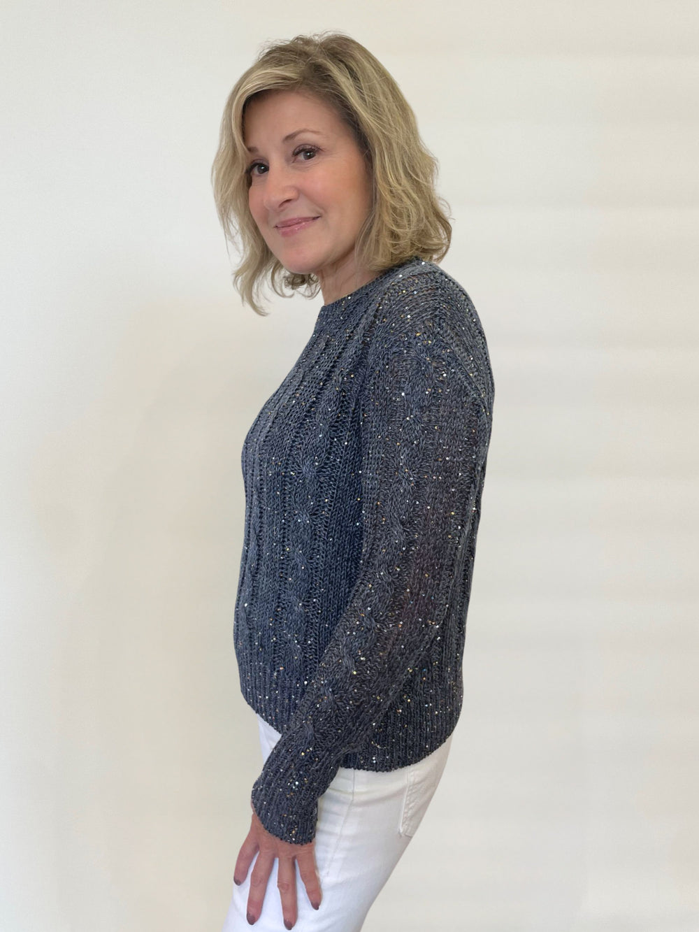 Kinross Monica Sequin Cable Long Sleeve Sweater in Navy available at Barbara Katz