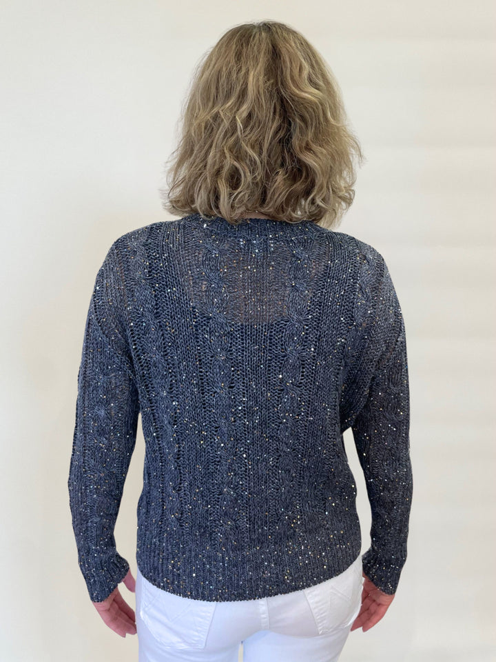 Kinross Sequin Cable Crew Sweater in Navy available at Barbara Katz