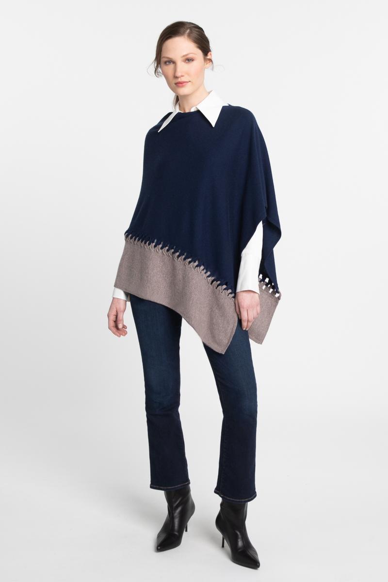 Kinross Cashmere Twist Stitch Poncho in Navy/Seal