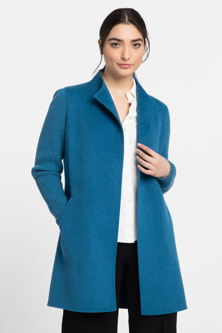 Kinross Cashmere Rib Sleeve Coat in Ocean available at Barbara Katz