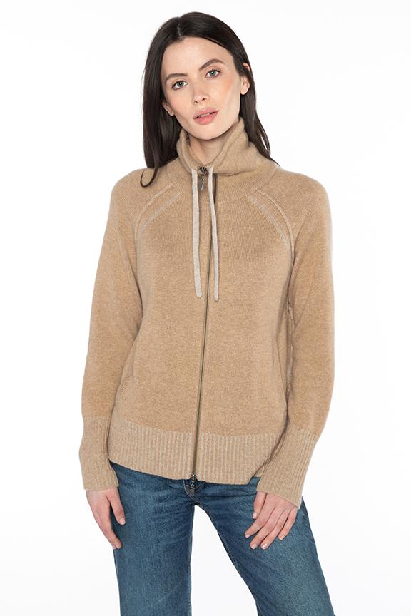 Kinross Cashmere Plaited Funnel Zip Cardigan in Camel