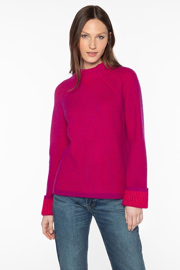 Kinross Cashmere Plaited Rib Funnel Sweater  in Magenta/Poppy