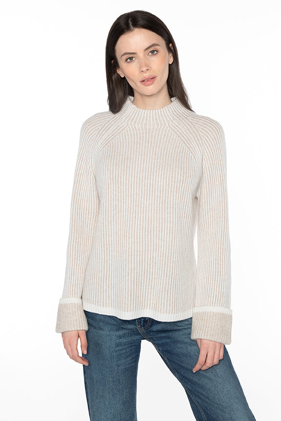 Kinross Cashmere Plaited Rib Funnel Sweater  in Pearl/Mushroom