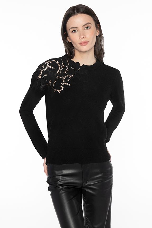 Kinross Cashmere Lace Applique Crew Sweater in Black