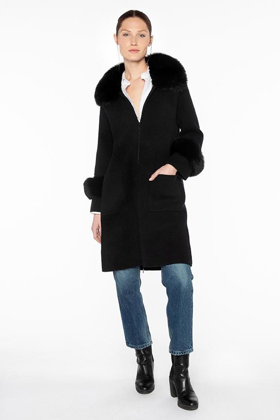 Kinross Cashmere Fur Trim Long Zip Cardigan in Black available at Barbara Katz