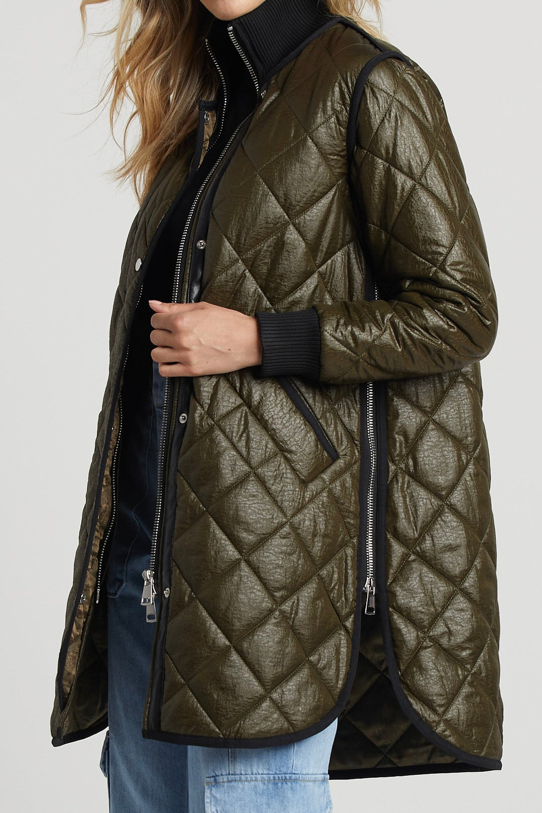 Adroit Atelier Libby Quilted Full Zip Coat in Army Green available at Barbara Katz