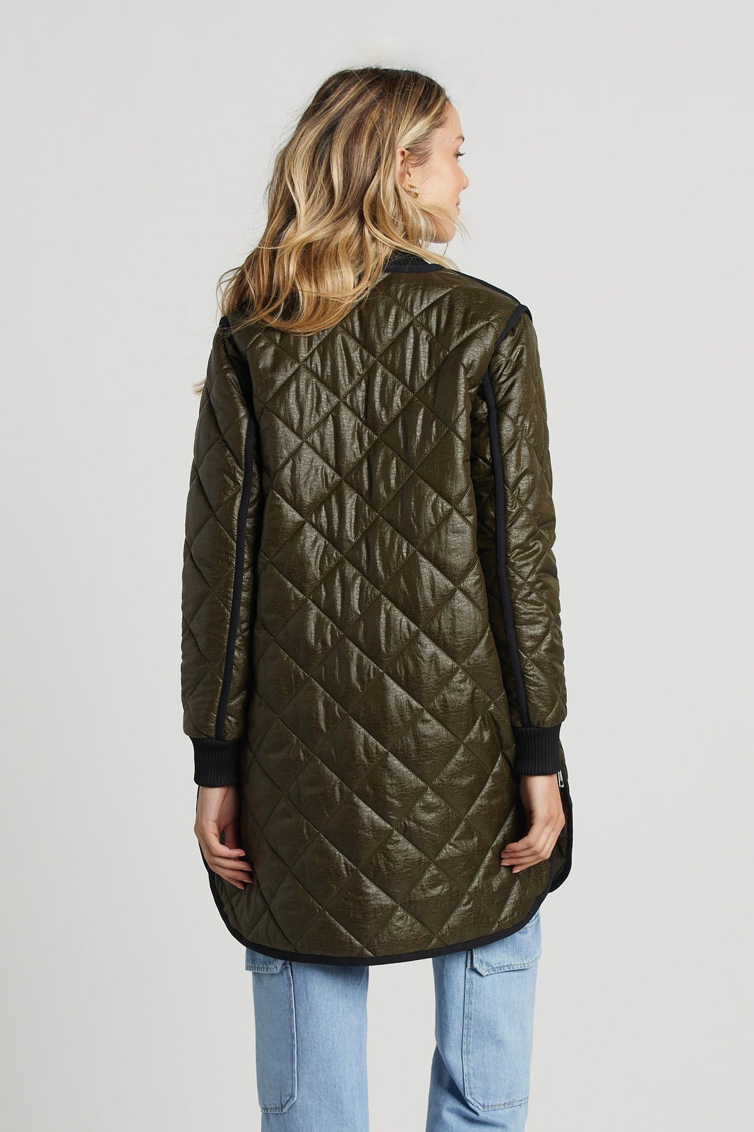 Adroit Atelier Libby Quilted Full Zip Coat in Army Green available at Barbara Katz