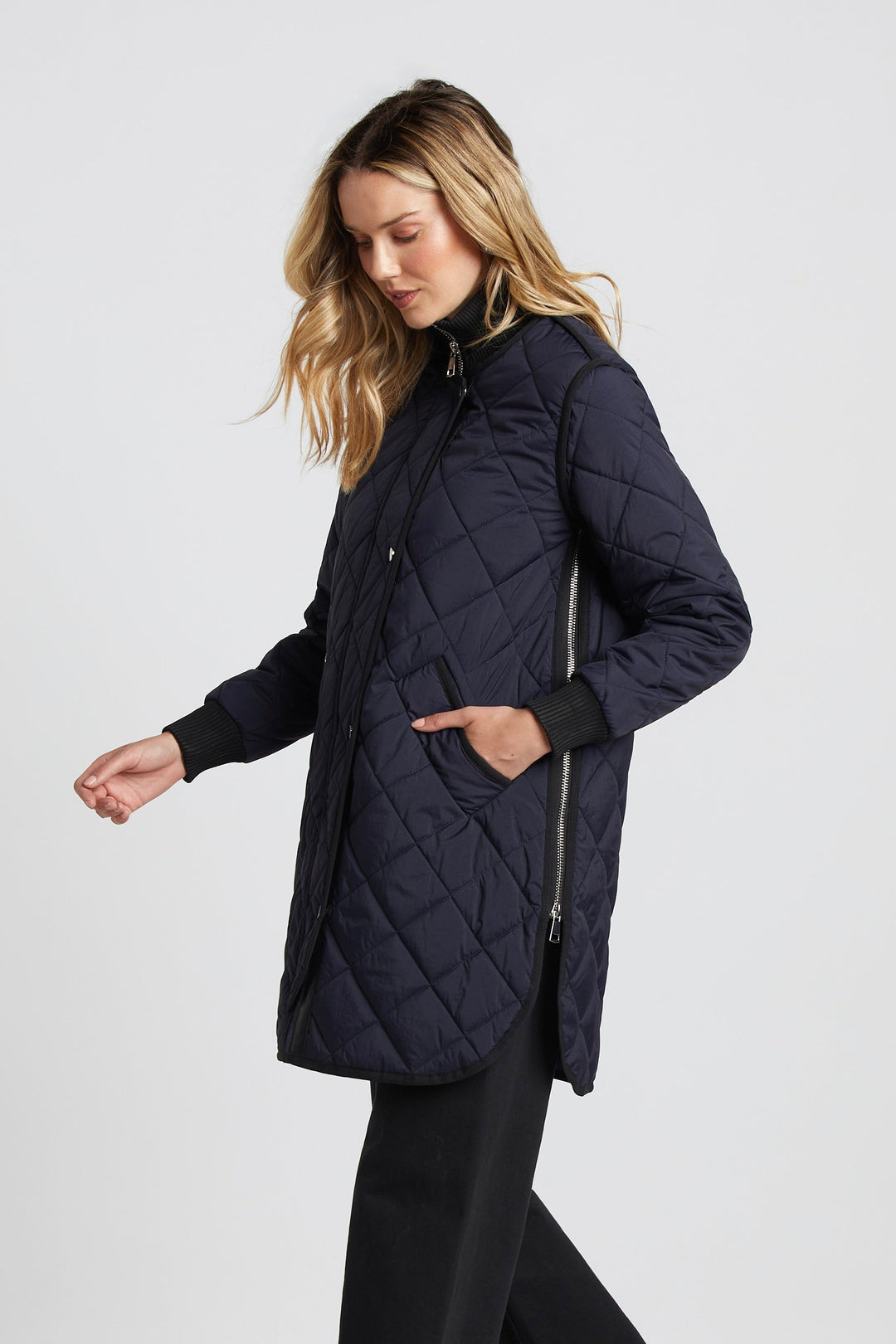 Adroit Atelier Libby Quilted Full Zip Coat in Dark Navy available at Barbara Katz