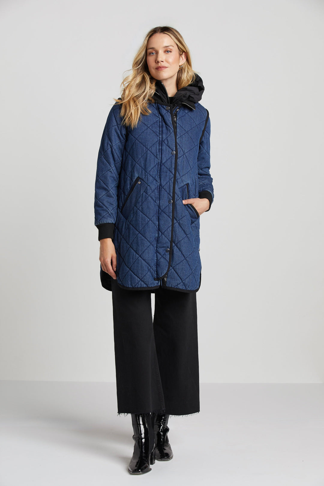 Adroit Atelier Libby Quilted Full Zip Coat in Denim available at Barbara Katz