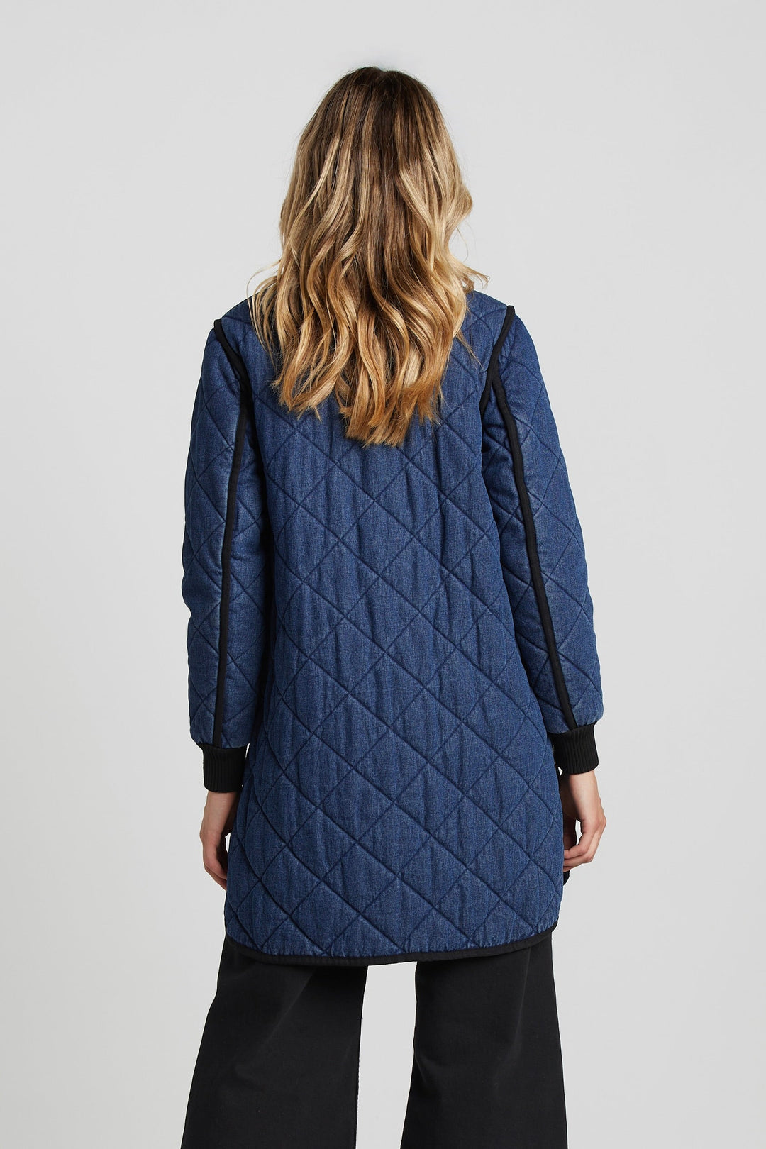 Adroit Atelier Libby Quilted Full Zip Coat in Denim available at Barbara Katz