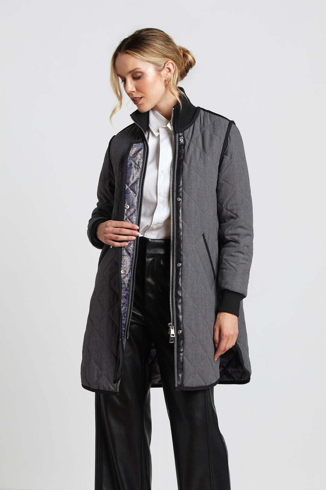 Adroit Atelier Libby Quilted Full Zip Coat in Grey available at Barbara Katz