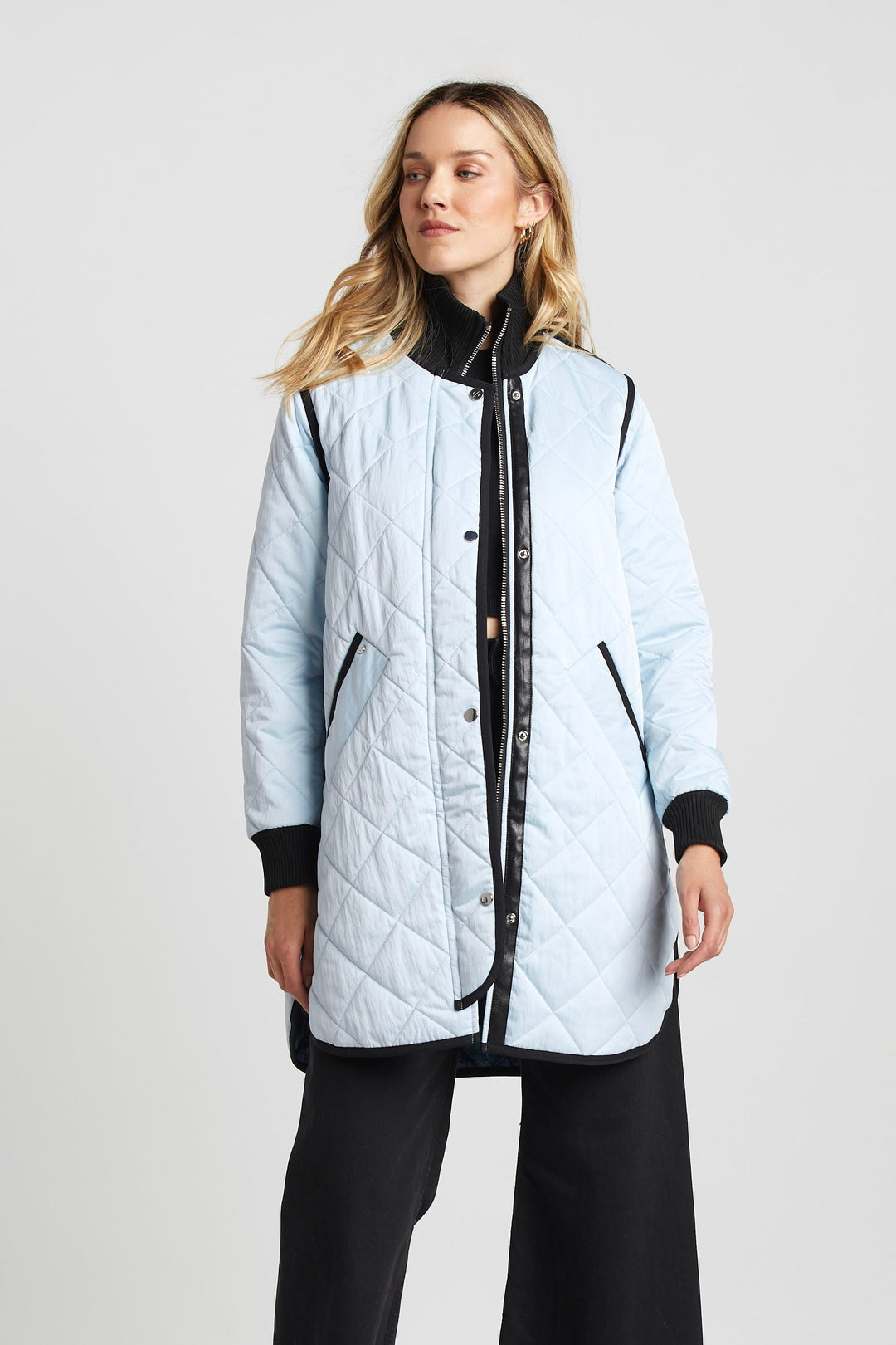 Adroit Atelier Libby Quilted Full Zip Coat in Ice Blue available at Barbara Katz