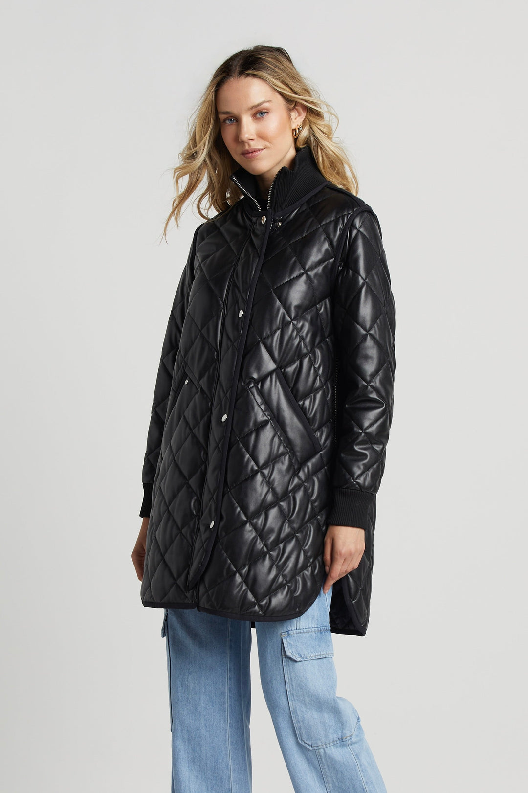 Adroit Atelier Liberty Quilted Full Zip Vegan Leather Coat With Side Zipper - Black available at Barbara Katz