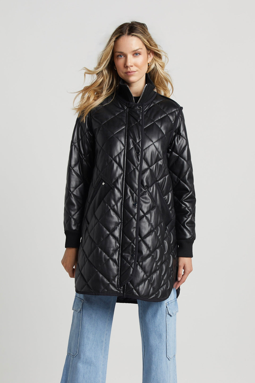 Adroit Atelier Liberty Quilted Full Zip Vegan Leather Coat With Side Zipper - Black available at Barbara Katz