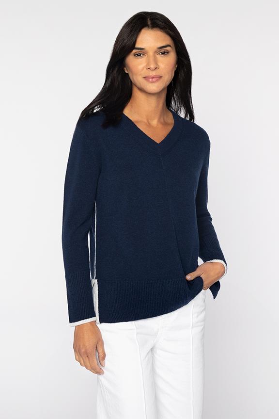 Kinross Cashmere Easy Hi-Low Tipped Vee Sweater available at Barbara Katz