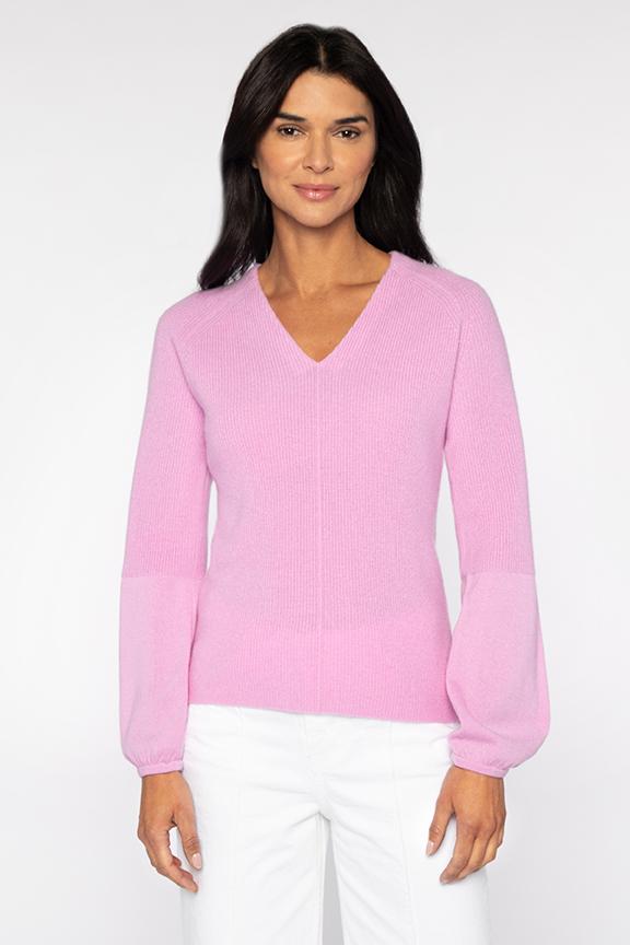 Kinross Cashmere Gathered Sleeve Rib Vee Sweater available at Barbara Katz